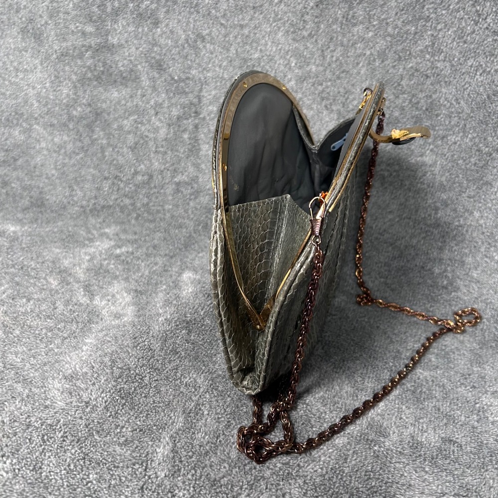 Ashneil 70s Disco Snakeskin Evening Bag Gray Gold Frame Rope Chain Purse w Pouch - Picture 6 of 16